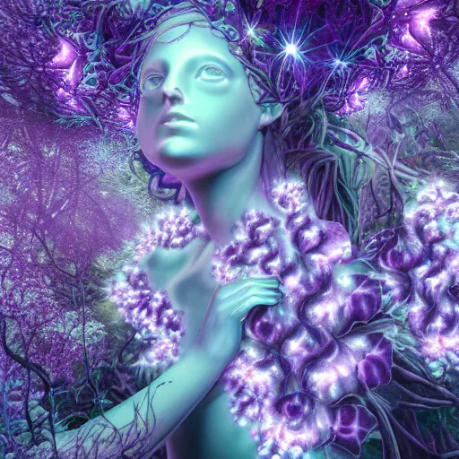 Image similar to glowing delicate flower and mushrooms that grow in a dark fatansy forest on the planet Pandora, an idealistic marble statue with fractal flowery hair in a fractal garden,