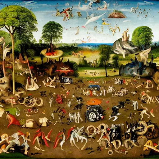 Image similar to all terrain vehicle race, in the style of the garden of earthly delights painting by jerome bosch