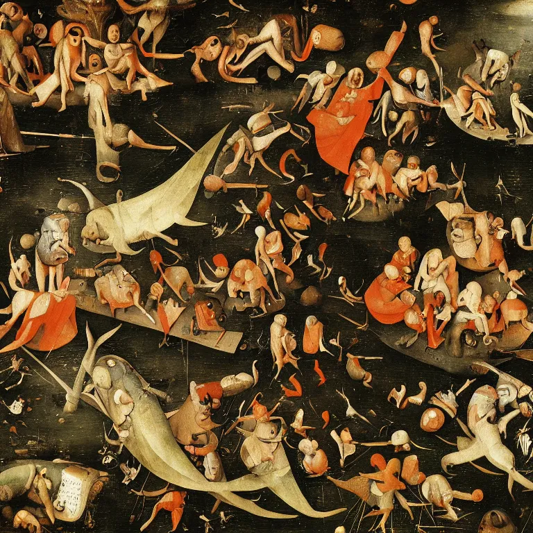 Prompt: The portrait of half-fish men falling from the tree of knowledge by Hieronymus Bosch and Pieter Bruegel inspired, super detailed oil painting, hyper realistic faces, 4k, masterpiece