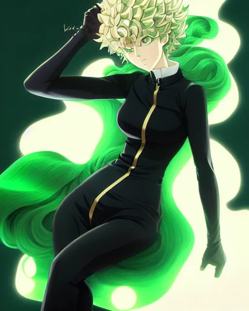 Image similar to tatsumaki from one punch man, green wavy hair, black dress, fine details, sharp focus, intricate, realistic shaded perfect face, by cushart krenz makoto shinkai artgerm ilya kuvshinov rossdraws