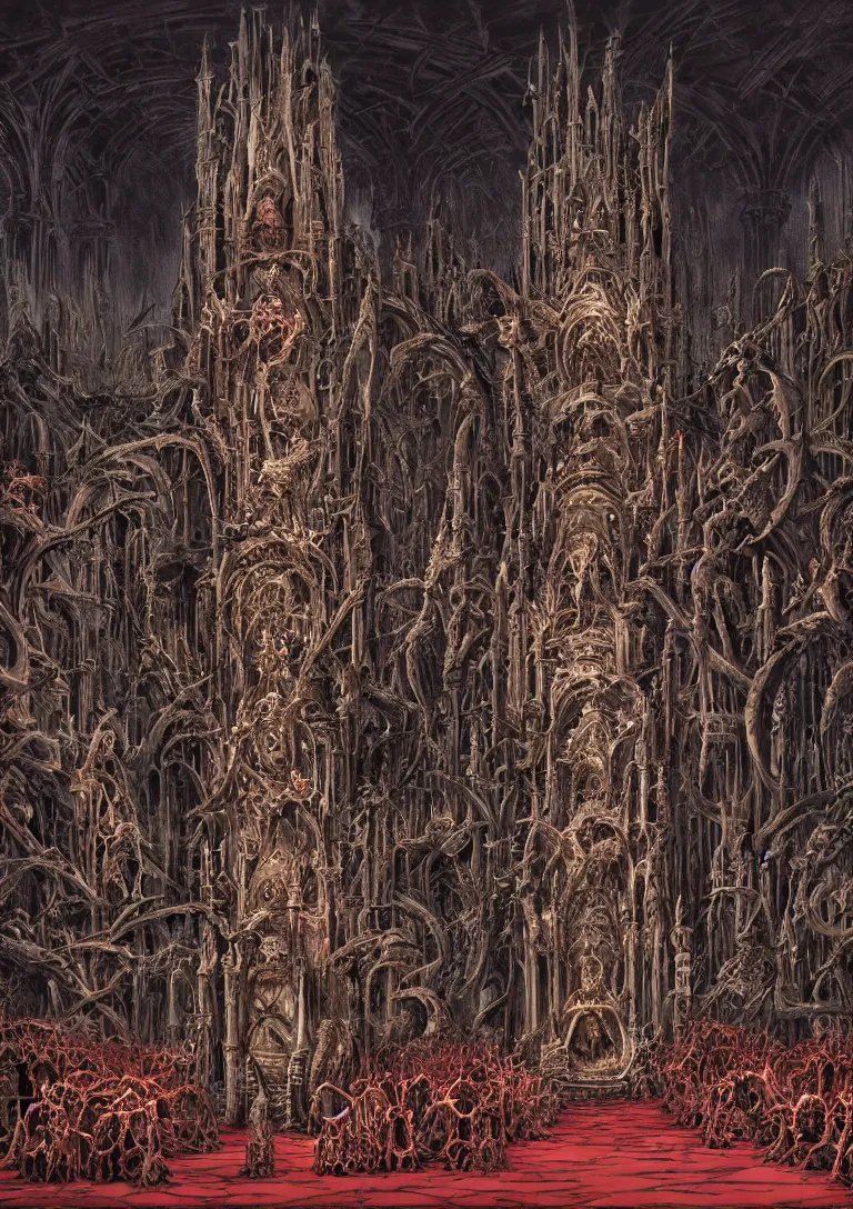 Image similar to matte painting of a gothic throne room, centered on a huge throne of bones and flesh, abominations are kneeling in front of the throne, dying humans are nailed to the walls, red tones, josan gonzales and moebius and enki bilal and and dan mumford and jean claude meziere and philippe druilleg