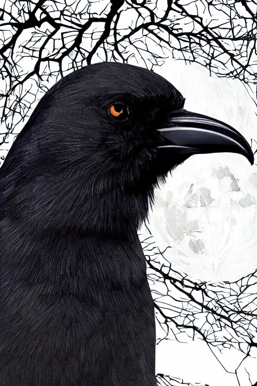 Image similar to close up portrait of a crow on a tree in front of the full big moon, vector graphic, clear lines, intricate, portrait, 8k highly professionally detailed, HDR, CGsociety