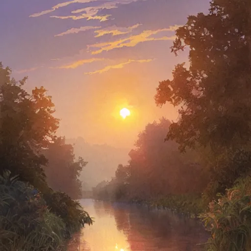 Prompt: River leading into a sunset, Watercolor, photorealistic, high resolution, award winning, trending on artstation, intricate, elegant, highly detailed, digital painting, artstation, concept art, smooth, sharp focus, illustration, art by artgerm and greg rutkowski and alphonse mucha