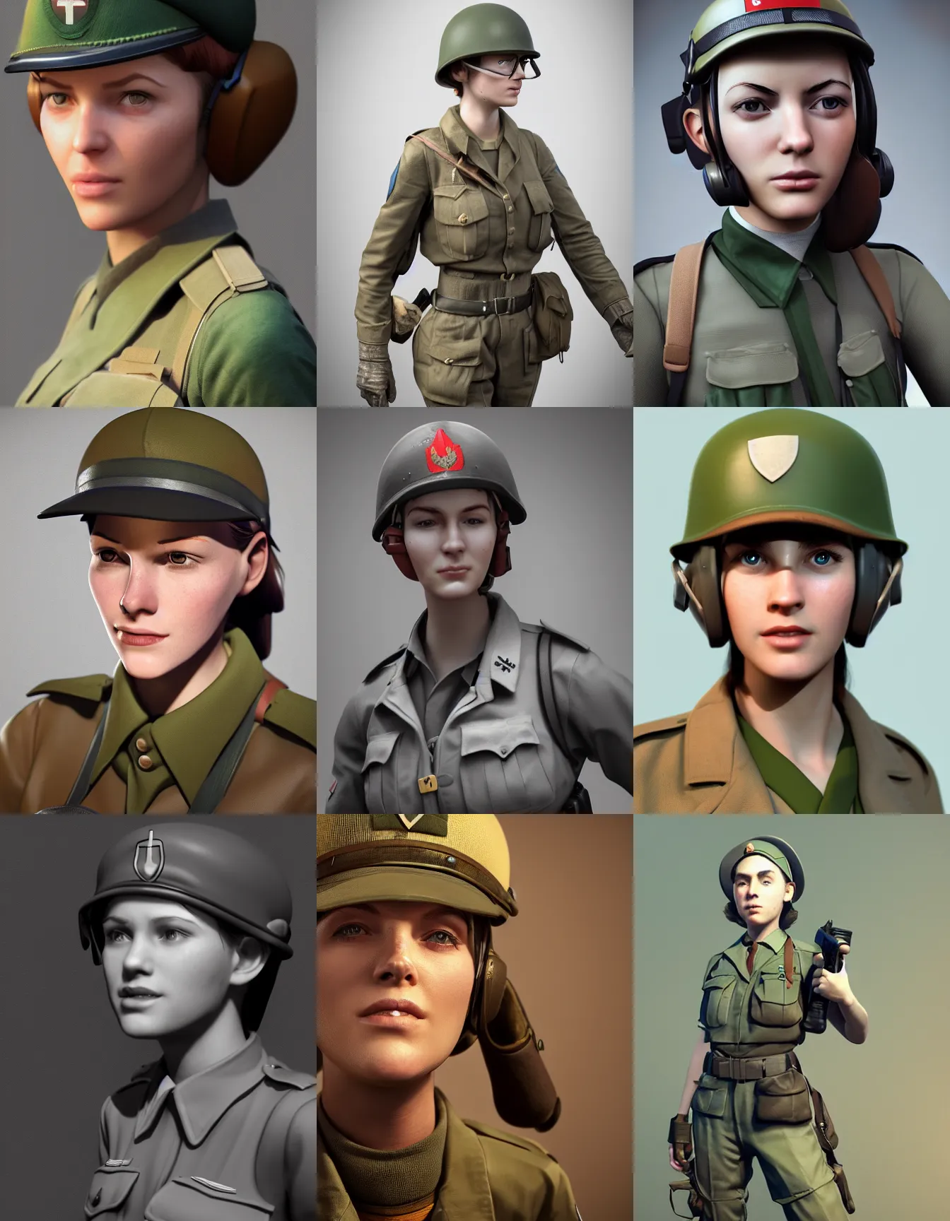 Prompt: young female ww 2 soldier, octane render, cgsociety, artstation trending
