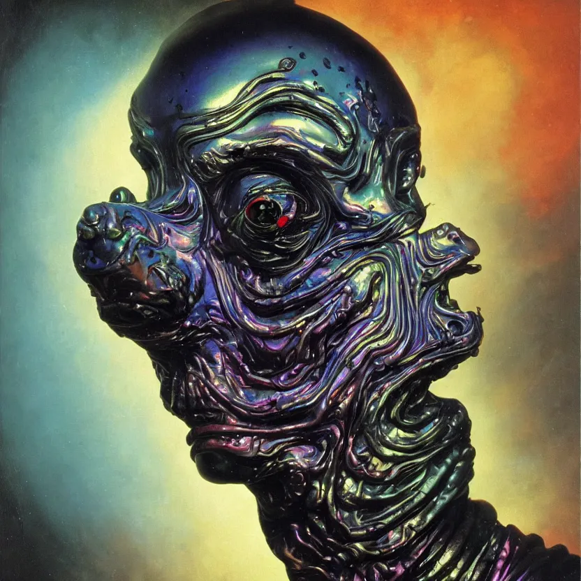 Prompt: a baroque portrait painting of an alien magician face dripping in liquid mercury. iridescent colors, black background. highly detailed science fiction painting by norman rockwell, moebius, frank frazetta, and syd mead. rich colors, high contrast. artstation