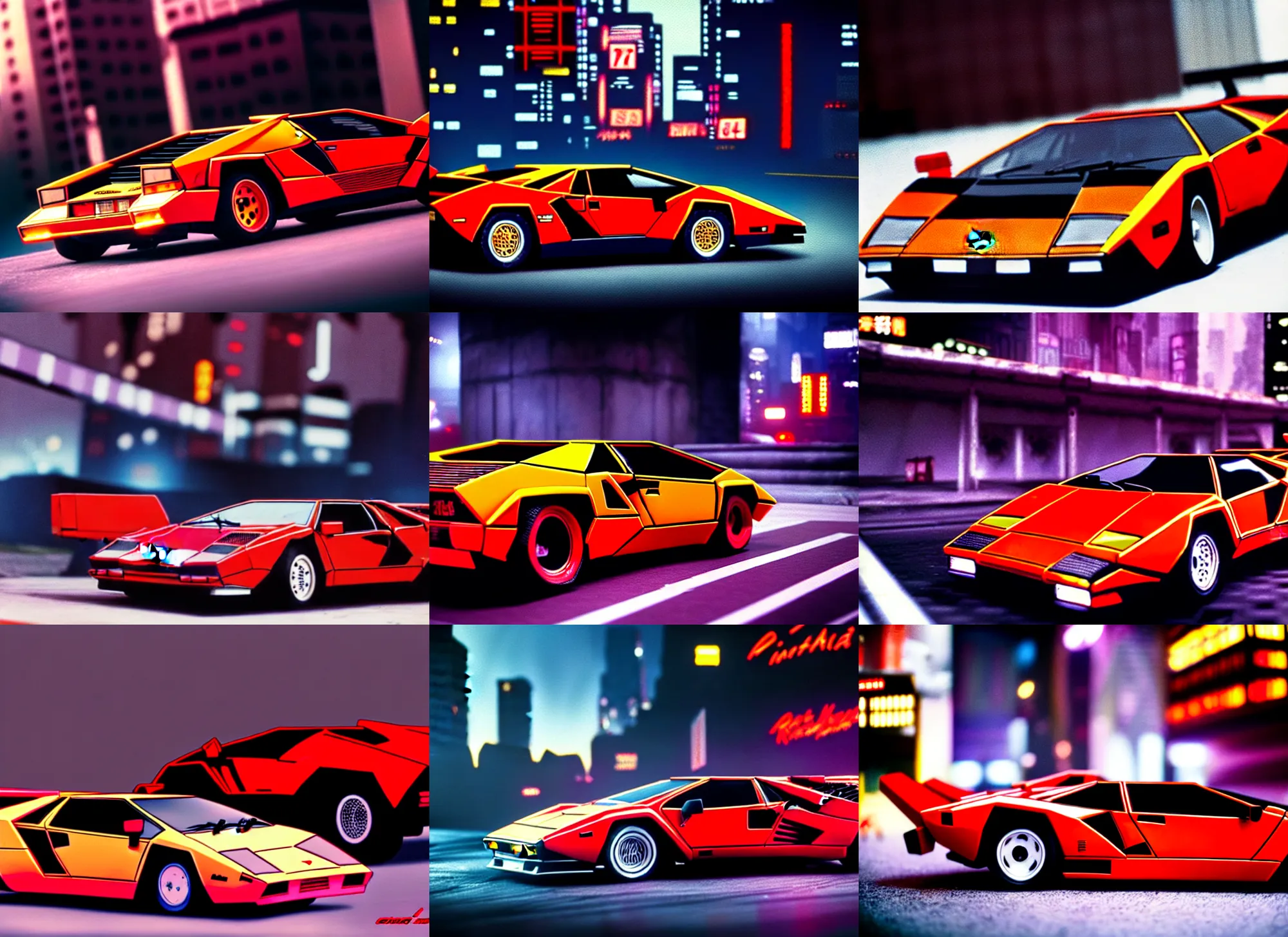 Prompt: one akira style 1 9 8 5 lamborghini countach,, dramatic speed racer lighting, racing fast around a cyberpunk city corner