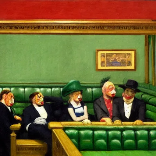 Image similar to a highly detailed fine art painting of multiple british members of parliament in the house of commons wearing clown costumes and smoking. in the style of edward hopper, richard hamilton. concept art. whimsical. green leather benches.