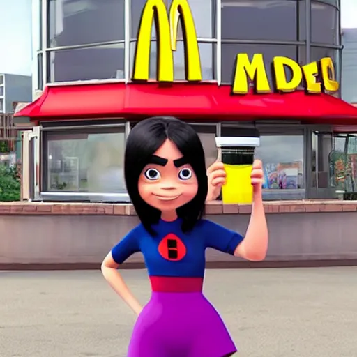 Prompt: violet parr goes to mcdonald in her world in incredibles 2