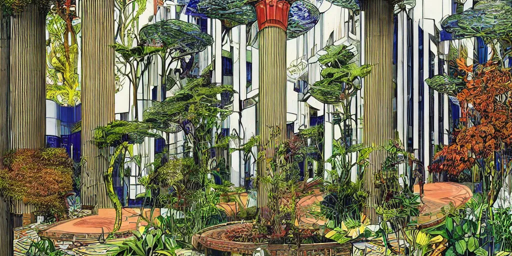 Prompt: masterpiece, graphic illustration of afro futurist florence courtyard designed by by frank lloyd wright architect, plants and trees on walkways low buildings, green energy, bicycles,, bill sienkiewicz, giant agapanthus flower from buildings wide angle, insanely detailed and intricate