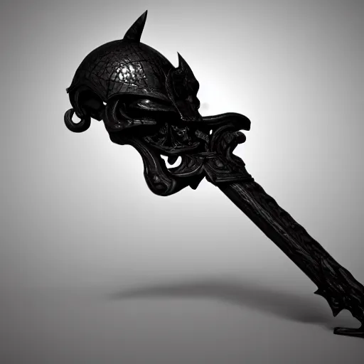 Image similar to a black sword skull handle, ornament, weapon, a 3 d render by dom qwek, studio lighting, front side view, trending on polycount, hard surface modeling, rendered in maya, 3 ds max, blender, artstation hd, vray