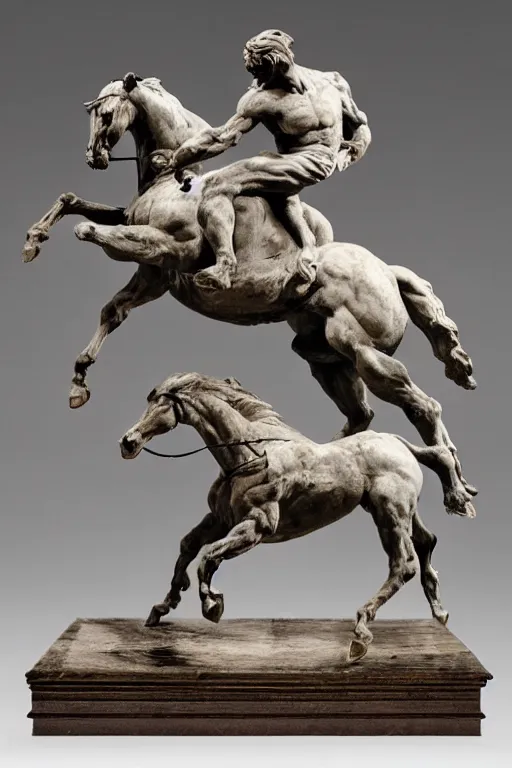 Image similar to a detailed marble sculpture of a riderless horse, galloping rearing dramatically, by michelangelo