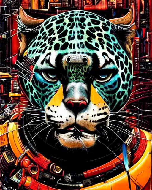 Image similar to a portrait of an anthropomorphic cyberpunk jaguar by sandra chevrier, by jon foster, detailed render, tape deck, epic composition, cybernetics, 4 k realistic, cryengine, realistic shaded lighting, sharp focus, masterpiece, by enki bilal