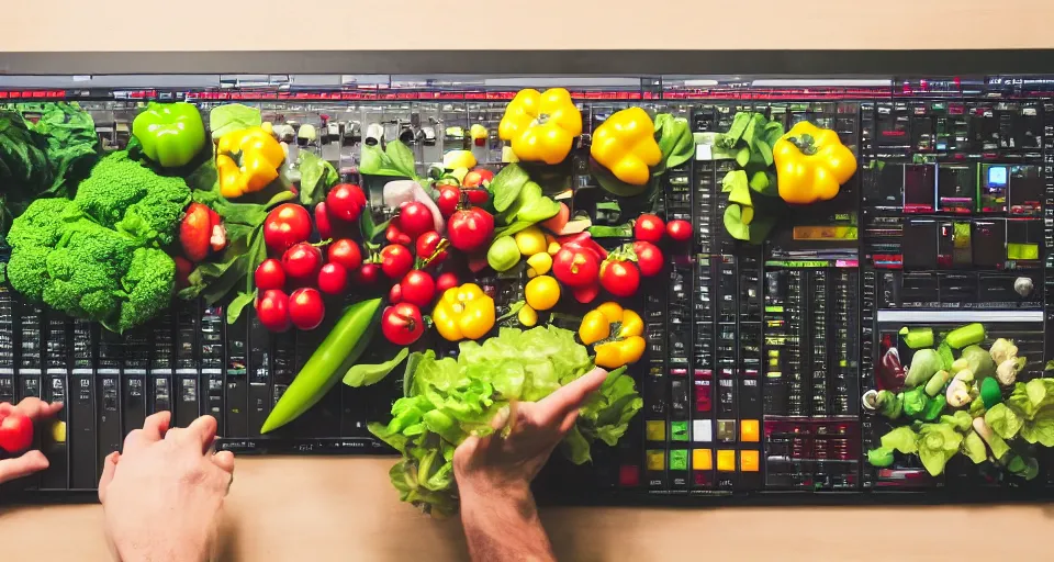 Image similar to film still of fresh fruits and vegetables making beats in the studio on an mpc