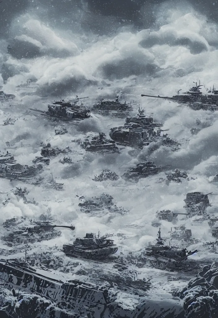 Prompt: handmade illustration of an epic and dramatic World War II war winter scene with german and soviet tanks involved firing each others, a very few soldiers running, blue sky with dramatic clouds with a snow storm, some mist grey smoke and fire, explosions, line art, ink, ol on canvas by Kilian Eng and by Jake Parker, heavy brushstrokes, winning-award masterpiece, fantastic, octane render, 8K HD Resolution, High quality image