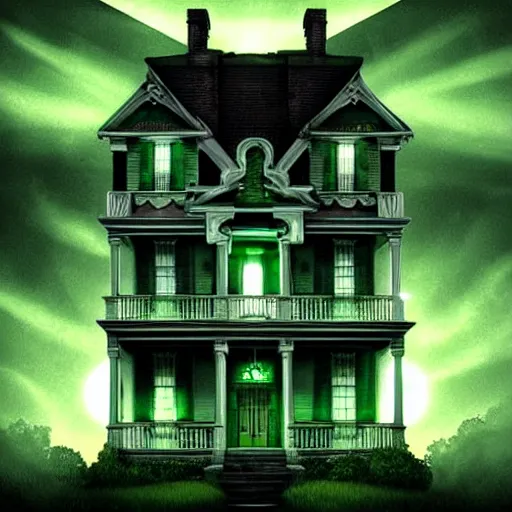 Image similar to haunted mansion, outside, upward angle, green light coming from window, ghosts night sky, lighting, clouds, artgerm, realistic, horror