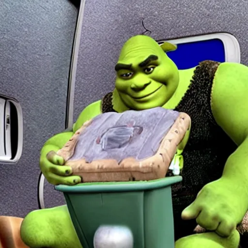 Prompt: shrek riding a mobile toilet into battle