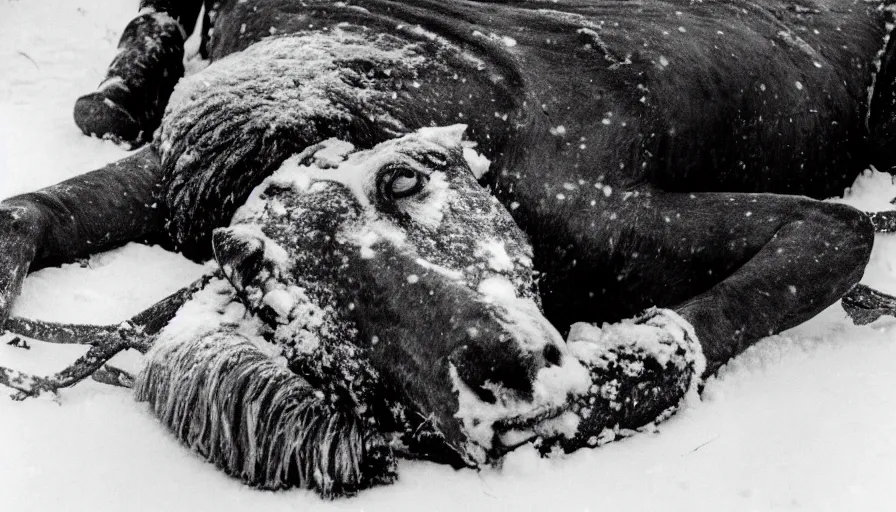 Prompt: 1 9 6 0 s movie still close up of marcus aurelius frozen to death under the snow, a horse carcass frozen under the snow by the side of a river with gravel, pine forests, cinestill 8 0 0 t 3 5 mm, high quality, heavy grain, high detail, texture, dramatic light, anamorphic, hyperrealistic, detailed hair, foggy