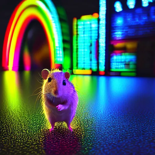 Image similar to hamster in a rainbow cyberpunk city with bright neon lights, 8 k, hd, light reflection