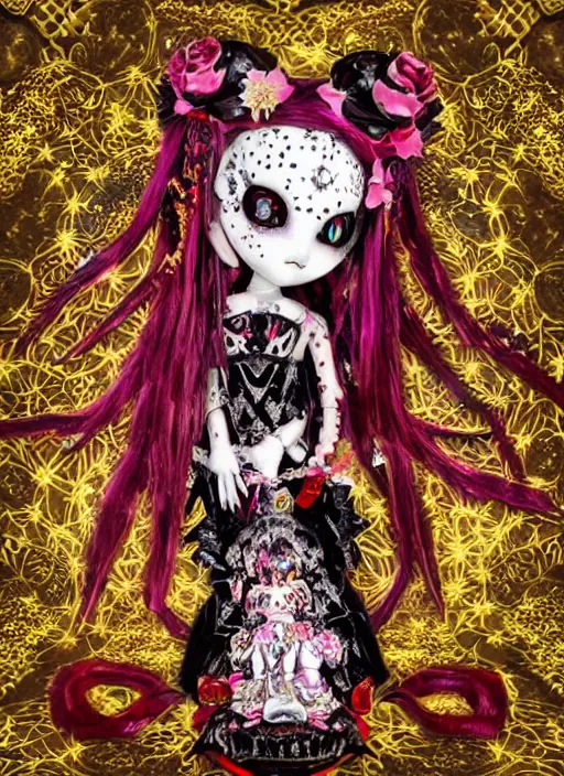 Image similar to baroque bedazzled gothic royalty frames surrounding a pixelsort emo demonic horrorcore japanese yokai doll, low quality sharpened graphics, remastered chromatic aberration spiked korean bloodmoon sigil stars draincore, gothic demon hellfire hexed witchcore aesthetic, dark vhs gothic hearts, neon glyphs spiked with red maroon glitter breakcore art by guro manga artist Shintaro Kago