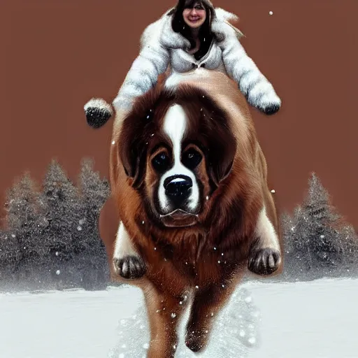 Image similar to girl riding giant saint bernard in the snow, trending on artstation