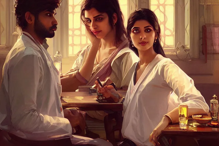 Prompt: Anxious good looking pale young Indian doctors drinking, portrait, elegant, intricate, digital painting, artstation, concept art, smooth, sharp focus, illustration, art by artgerm and greg rutkowski and alphonse mucha