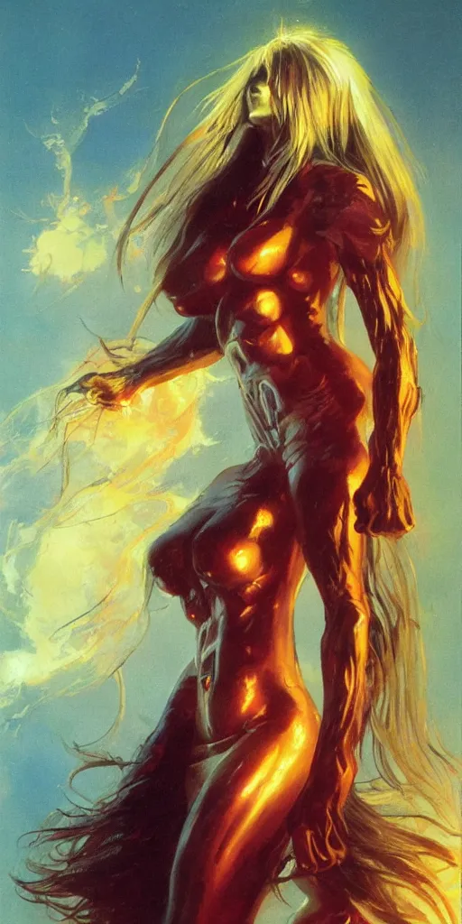 Image similar to an extremely aggressive android monster girl, glowing long hair, thunder clouds, painted by Peter Andrew Jones