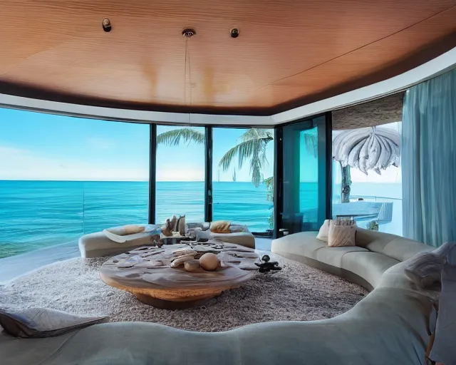 Prompt: A modern living room in a ocean hues style next to a big terrace overlooking the ocean, a luxurious wooden coffee table with large seashells on top in the center, inspired by the ocean, calm, relaxed style, harmony, wide angle shot, 8k resolution, ultra detailed