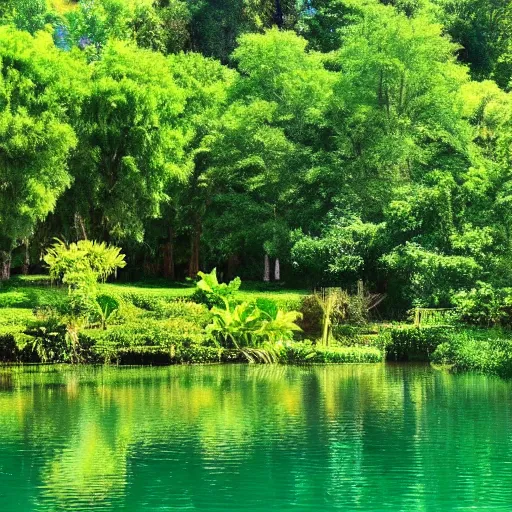 Prompt: a dreamy oasis with lush green plants and trees surrounding a beautiful small lake