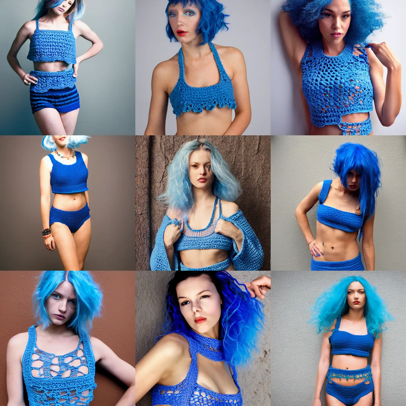 Prompt: a photo of a caucasian female model with blue hair wearing a crocheted croptop.