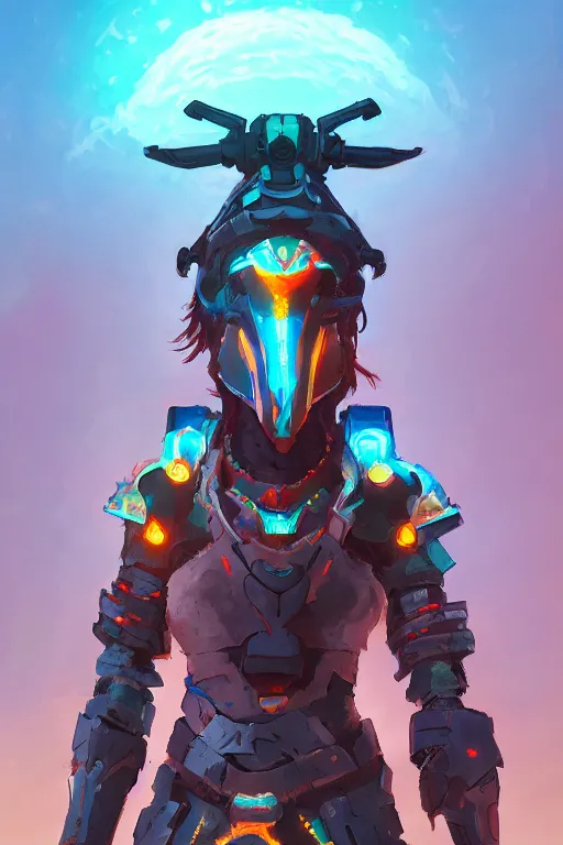 Image similar to combination suit armor aloy horizon forbidden west horizon zero dawn radiating a glowing aura global illumination ray tracing hdr fanart arstation by ian pesty and alena aenami artworks in 4 k tribal robot ninja mask helmet backpack