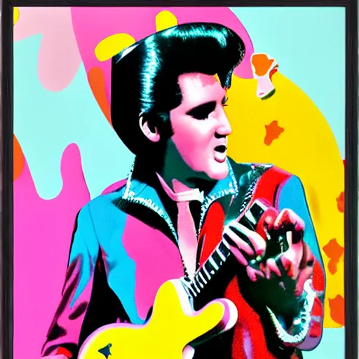 Image similar to Elvis Presley, pop art, cotton Candy, mushroom guitar,