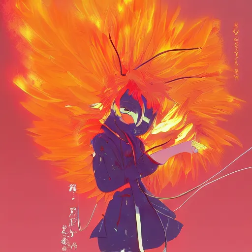 Prompt: anime painting frantic cute fiery bird zipping around, wanting to explore and investigate everything. it\'s curiosity is unbounded and insatiable, digital art, trending on artstation, stylized, colorful feathers, anime art by Kuvshinov Ilya, lariennechan, Aokamei