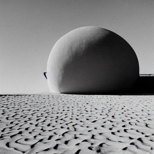 Prompt: a Non-Euclidean orb-like clay house sitting in the desert, vintage photo, beautiful cinematography, blue sky, film grain, James Turrell