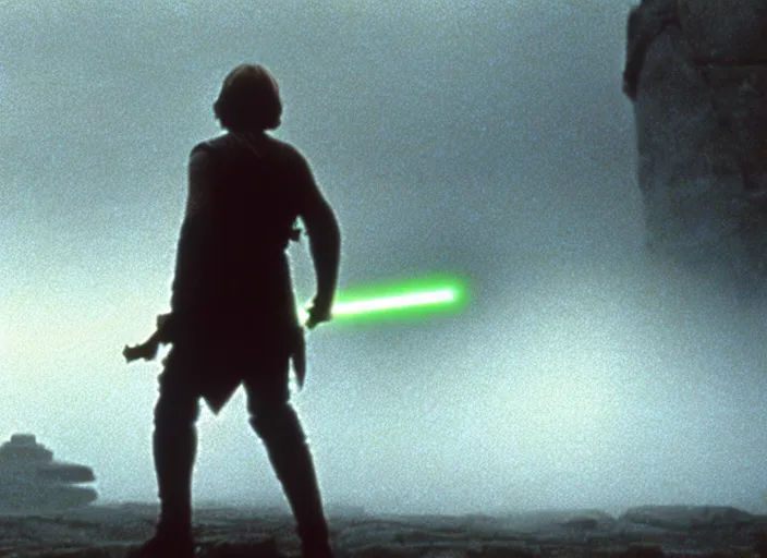 Prompt: epic still of Luke Skywalker using lightsaber in foggy environment, approaching an ancient temple in the distance, iconic scene from the 1980s film directed by Stanley Kubrick, cinematic lighting, kodak film stock, strange, hyper real, stunning moody cinematography, with anamorphic lenses, crisp, detailed portrait, 4k image