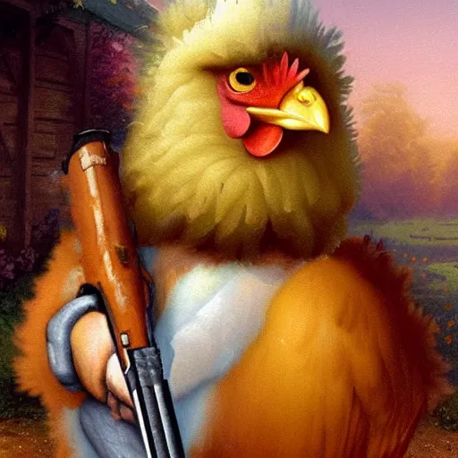 Prompt: a chicken holding a shotgun, digital painting by Thomas Kinkade and Leonardo Da Vinci