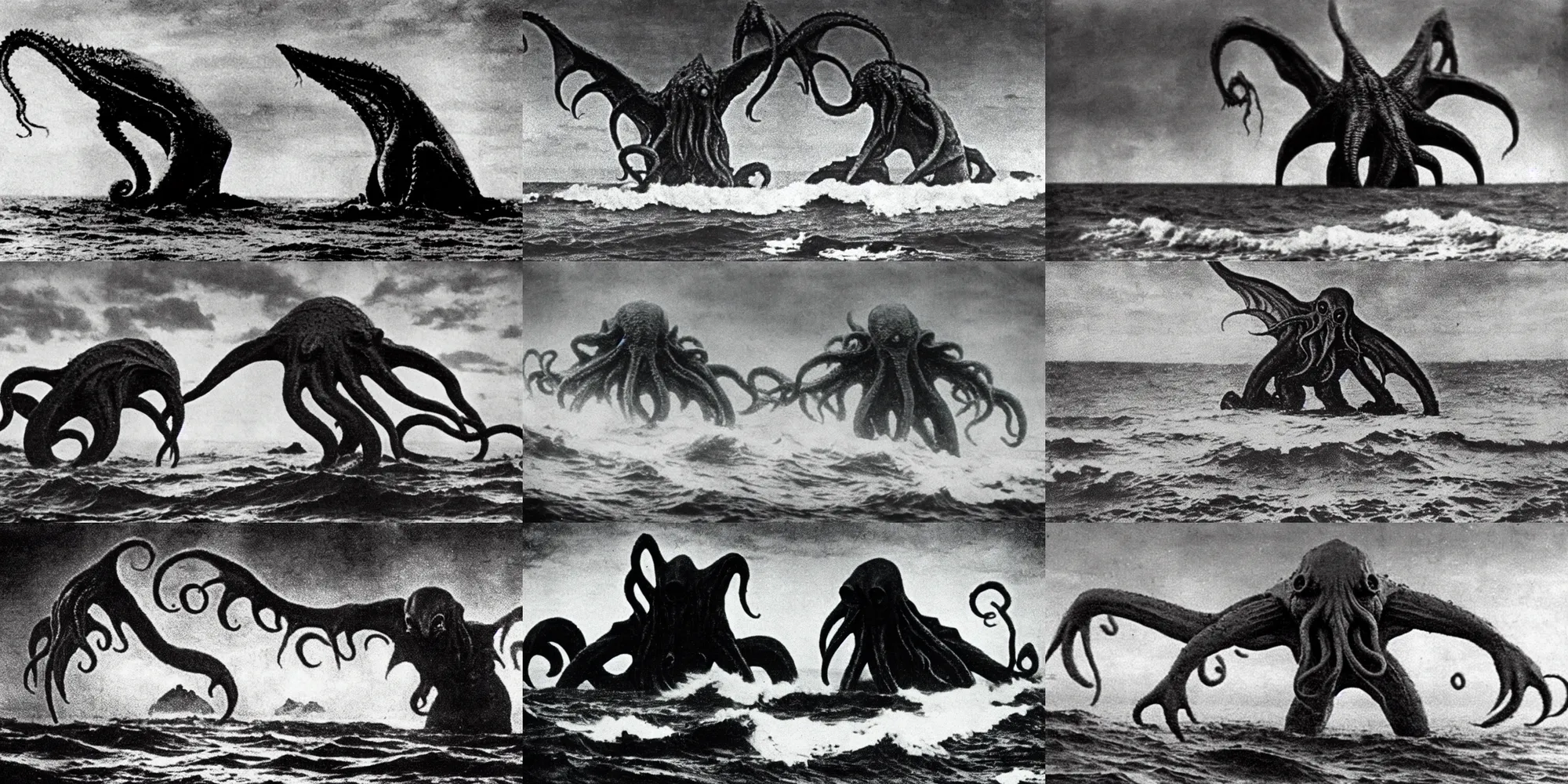 Prompt: grainy photo from the 1 9 3 0 s of cthulhu emerging from the ocean, taken from the shore, epic, dramatic