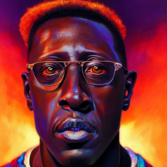 Prompt: portrait of wesley snipes by mandy jurgens, cartoon, oil painting, visionary art, symmetric, magic symbols, holy halo, dramatic ambient lighting, high detail, vibrant colors,