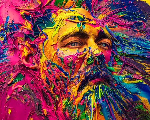 Image similar to abstract expressionist portrait of a head made of very thick impasto paint and acrylic pour and coloured powder explosion and splashing paint and dripping paint and flying paint chunks, art by antony micallef, motion blur, hyperrealistic, intricate art photography, anatomically correct, realistic crisp textures, 1 6 k