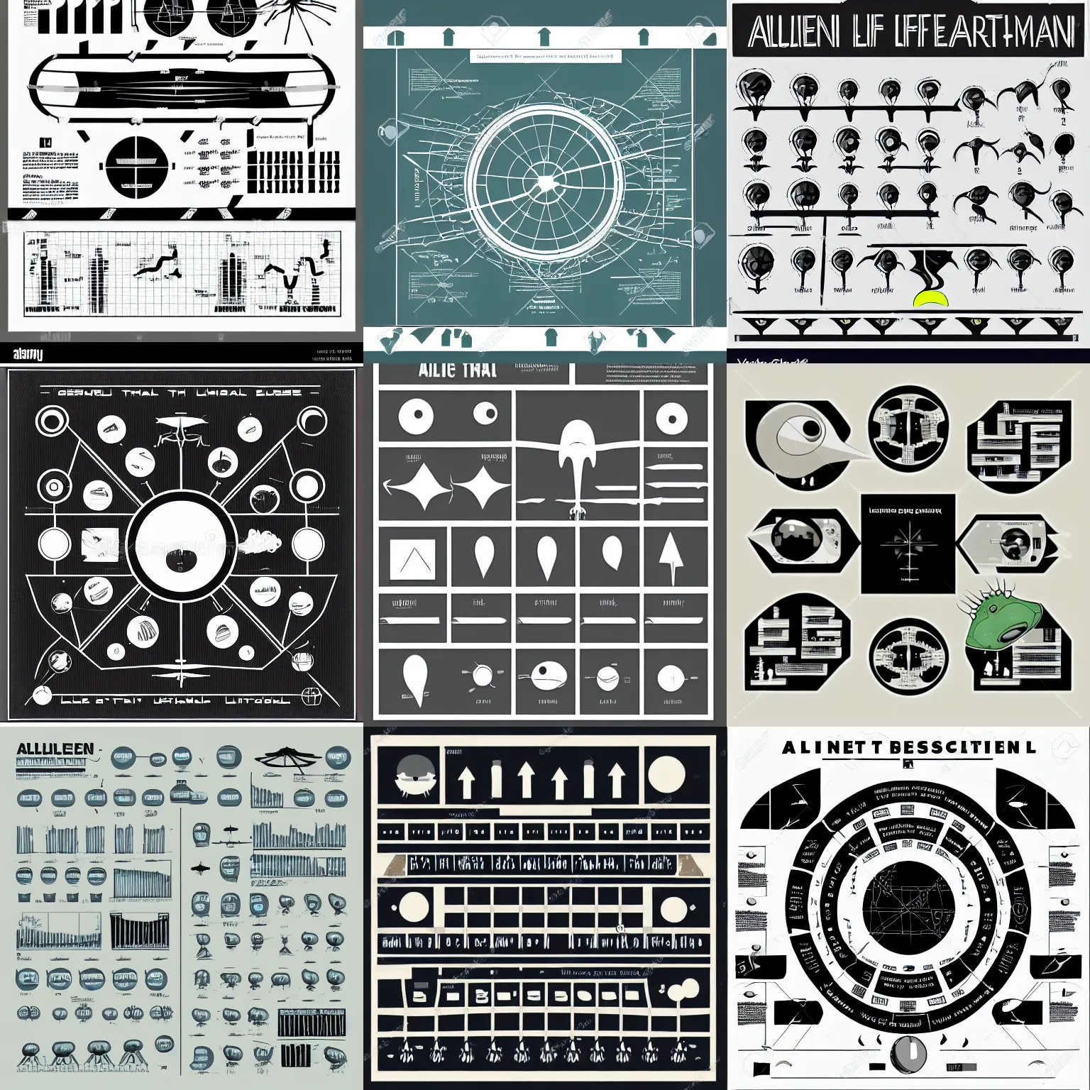 Prompt: alien diagram chart to understand life on earth, by bauhaus, clean design, b & w, vector