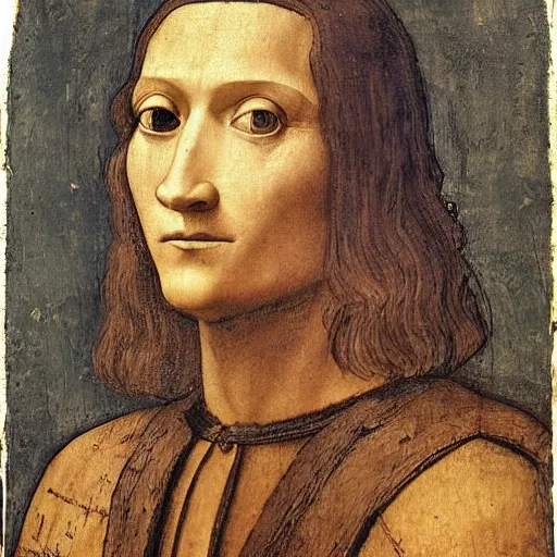 Prompt: Portrait of a medieval nobleman, tan skin and brown hair, clean shaven, big nosed with many scars. by leonardo da vinci