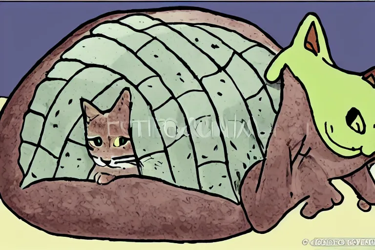 Image similar to a cat in a turtle shell, cartoon