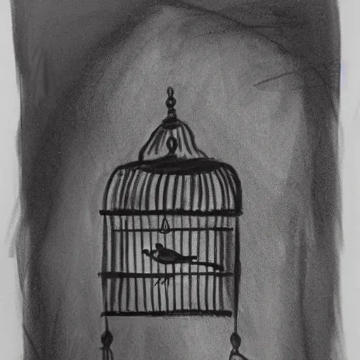 Image similar to an abstract rough charcoal sketch of a bird in a bird in a cage, black and white