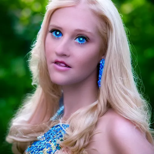 Image similar to close up headshot of a princess with long blonde hair and blue eyes wearing a strapless elaborately beaded pink dress, high resolution film still, 8k, HDR color, film by Simon Langton and David Frankel, diamond shaped face, weak chin