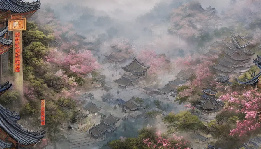 Prompt: magnificent city in ancient china in late spring, flowers will fade, some fog, realistic style, high details, scene concept., trending on artstation