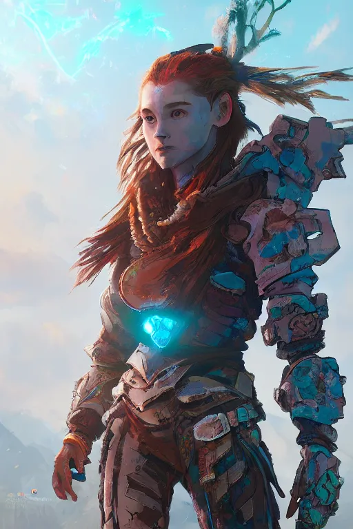 Image similar to combination suit armor aloy horizon forbidden west horizon zero dawn radiating a glowing aura global illumination ray tracing hdr fanart arstation by ian pesty and alena aenami artworks in 4 k tribal robot ninja mask helmet backpack