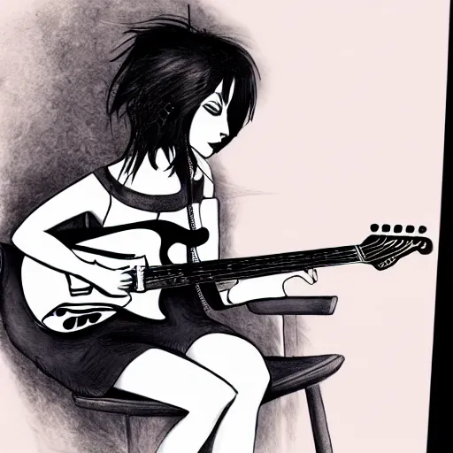 Image similar to beautiful goth girl with short black hair playing an electric guitar sitting on a chair, 8k, super detailed, extremly detailed face, sharp, drawing, illustration