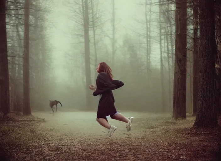 Image similar to medium shot, a young woman running towards the camera, a demon hound is chasing her, woods, polaroid photo, vintage, neutral colors, by gregory crewdson