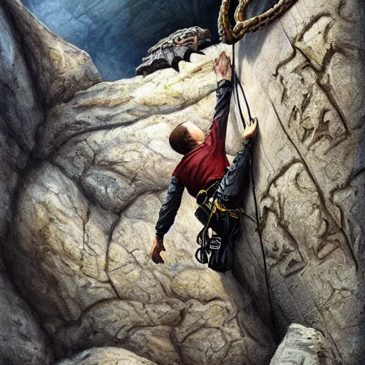 Image similar to rogue rock climber climbing a giant ancient dragons skull, very detailed, fantasy art, dungeons and dragons, belaying, ropes, landscape, cover of national geographic