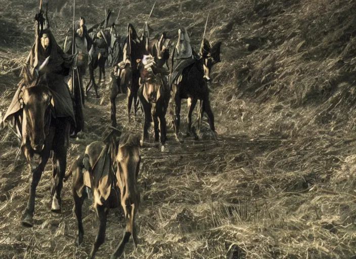 Prompt: nazgul, film cinematography, atmospheric lighting, natural lighting, nazgul scene from lord of the rings movie, wide shot, atmospheric cinematography by stanley kubrick
