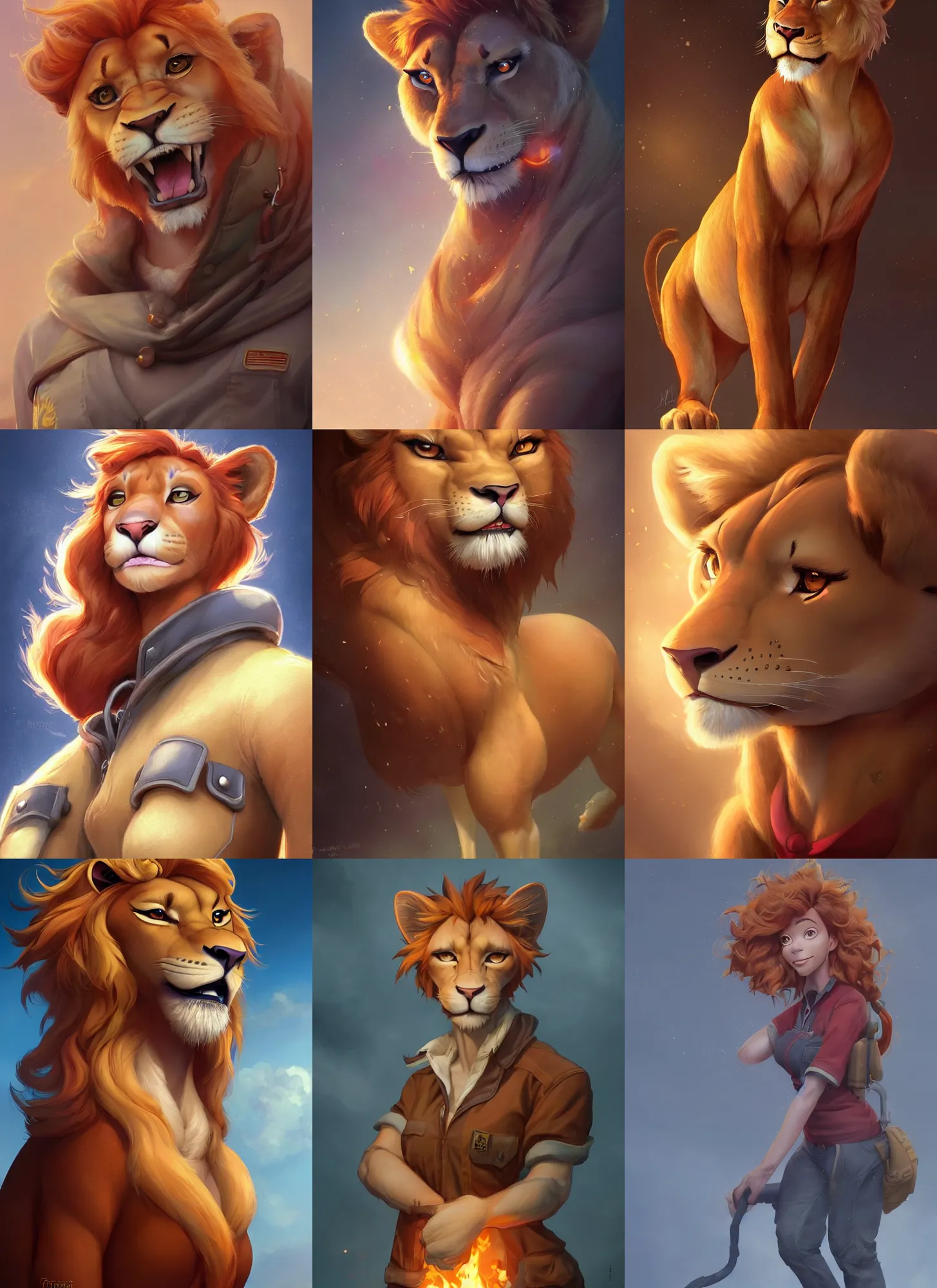 Prompt: beautiful portrait of a female anthropomorphic lioness fursona fireman. firetruck. character design by disney, charlie bowater, ross tran, artgerm, and makoto shinkai, detailed, soft lighting, rendered in octane